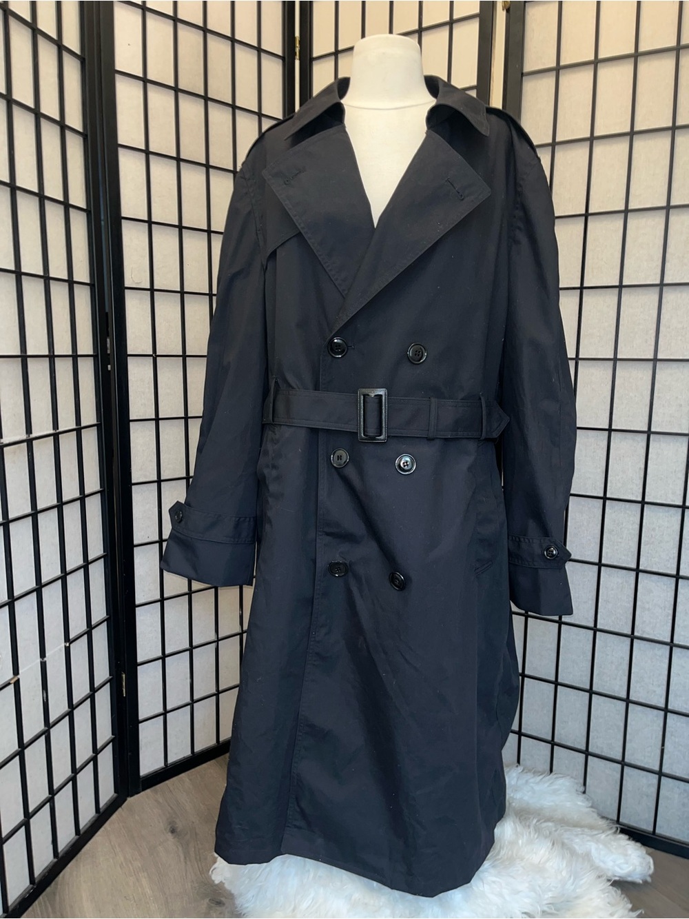 Men's Black Double-Breasted Military Trench Coat with Belt